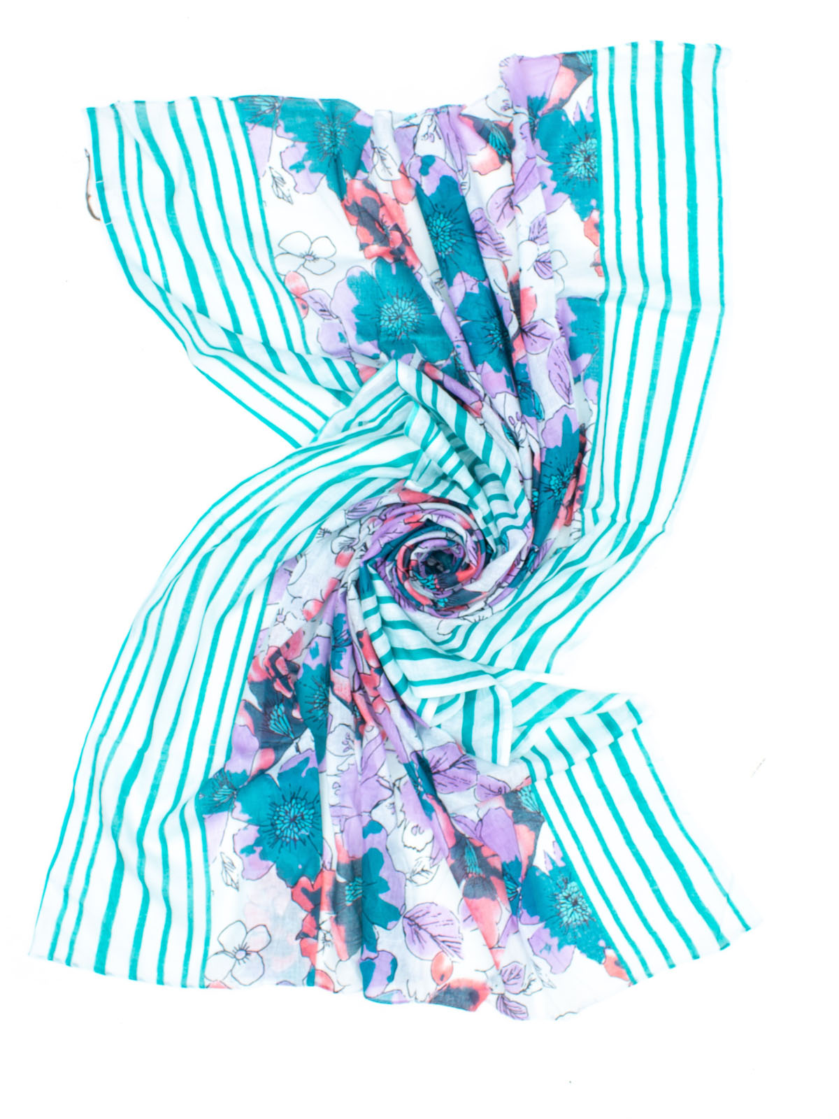 STOLA STAMPA FIORI E RIGHE 100% COTONE 110X180 MADE IN INDIA - ACQUA