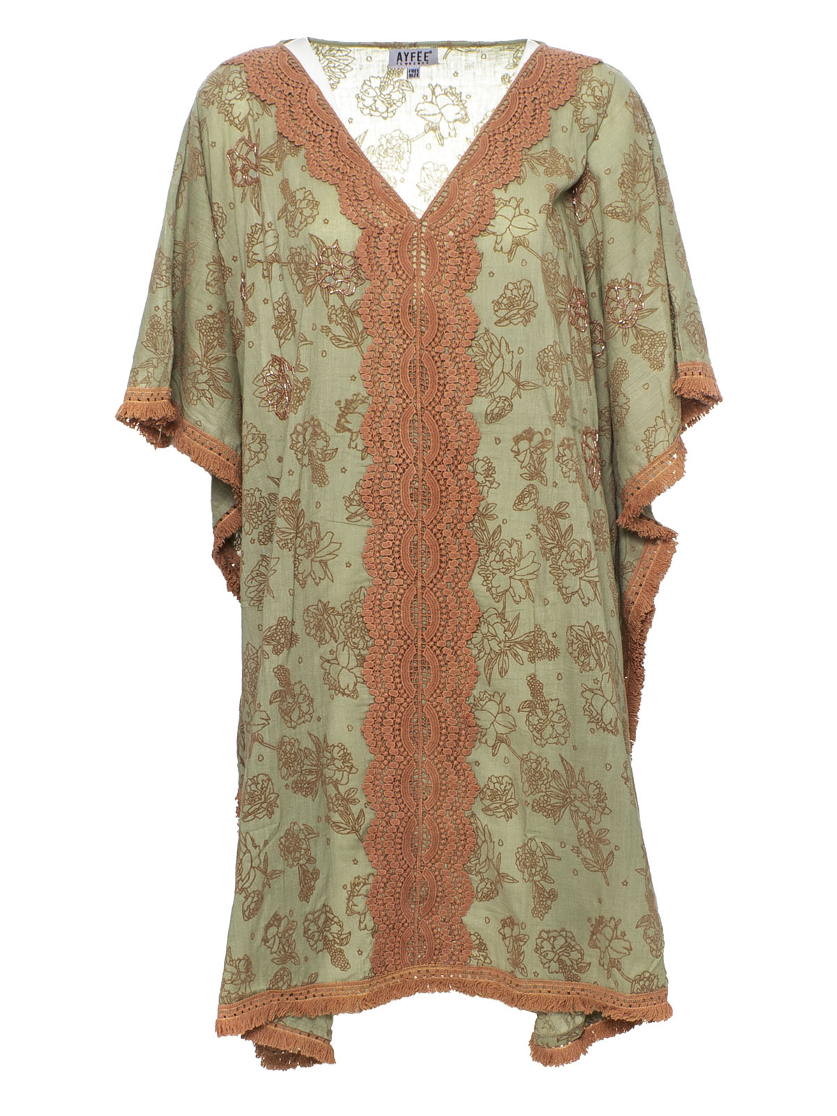 COPRICOSTUME FLOK+RICAMI SCOLLO MACRAME' 2 TG 100%COTONE MADE IN INDIA - KAKI/CORAL